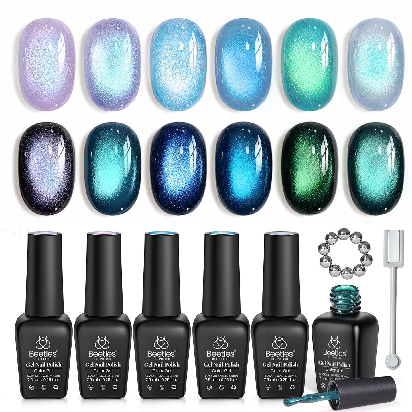 Beetles Cat Eye Gel Nail Polish Set - Lunar Mermaid 6 Colors Summer Gel Nail Polish Kit Glitter Blue Purple Navy Blue Teal Colors Magnetic Shine Soak Off UV Salon DIY Manicure Gift for Women