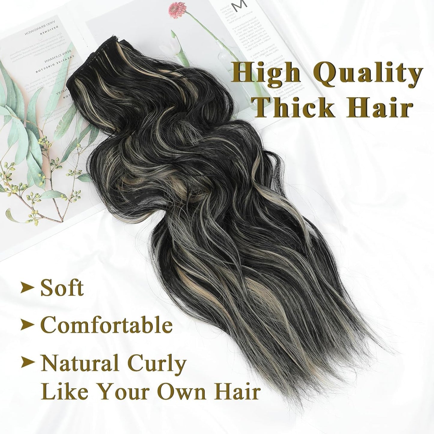 20” Black Clip in Hair Extensions Long Wavy Synthetic Extensions for Women