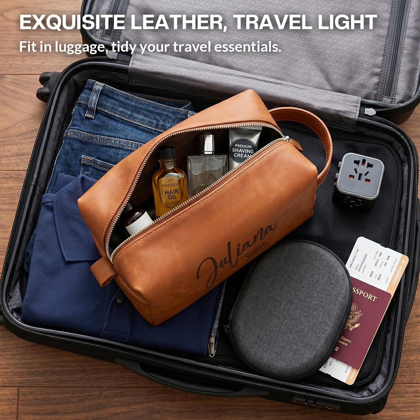 Aeekdook Personalized Toiletry Bag for Men, Engraved Name/Initial/Logo Waterproof Leather Travel Dopp Kit, Groomsmen Gifts Father's Day Birthday Gift for Men Husband Dad Boyfriend, Bulk Toiletry Bags