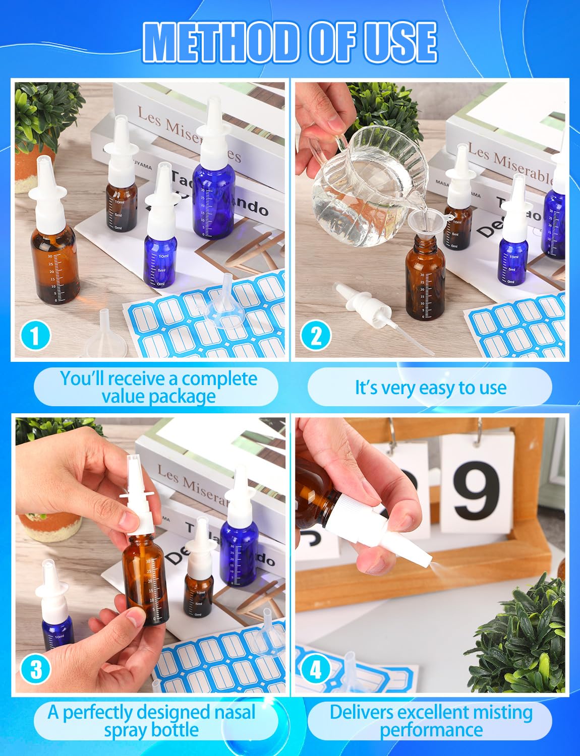 ZHWKMYP 10 Pcs Nasal Spray Bottle, 30ML/1oz 6Pcs Empty Refillable Brown Blue Scale Nasal Nose Spray Bottles with 2 Funnels and 2 Labels
