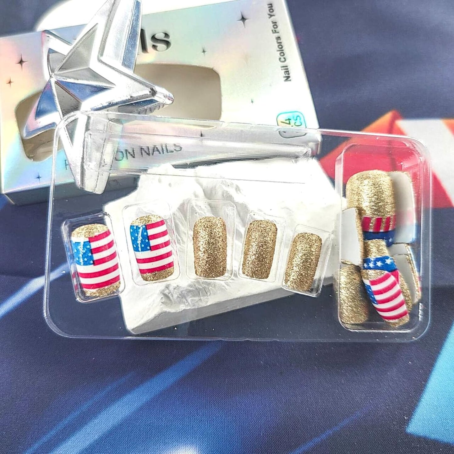Press On Nails - Medium Square American Flag Glitter Design | 24Pcs Red, Blue & Gold 4th of July Fake Nails
