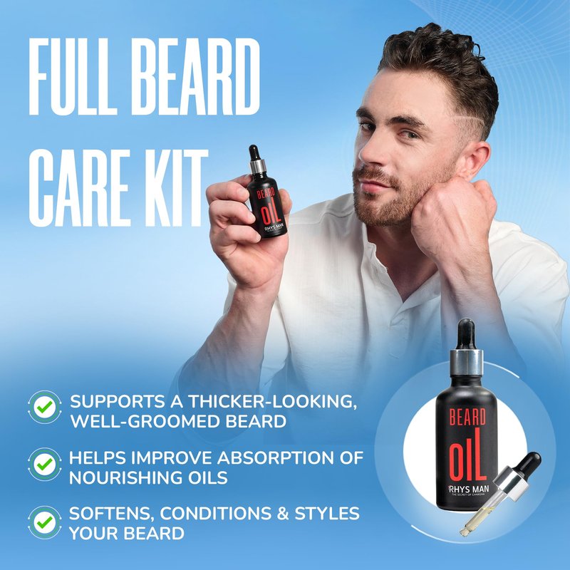 RHYS MAN Beard Oil for Men – Father Gifts, Natural Beard Oil for Fuller-Looking Beard Appearance, Softens & Conditions Facial Hair, Lightweight Daily Grooming Essential, Gift for Him (1.7 fl oz)