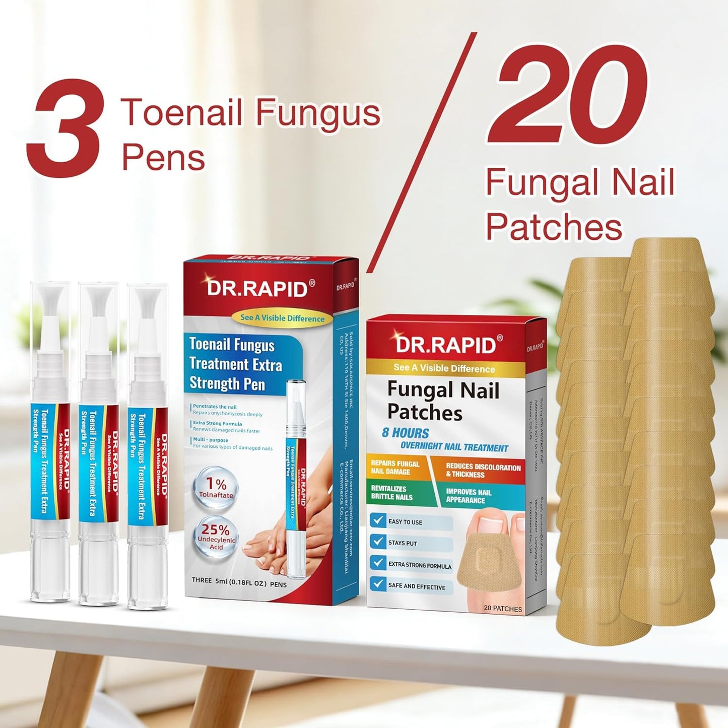 Toenail Fungus Treatment Pen & Fungal Nail Patches Set - Extra Strength Day & Night Care for Damaged Nails