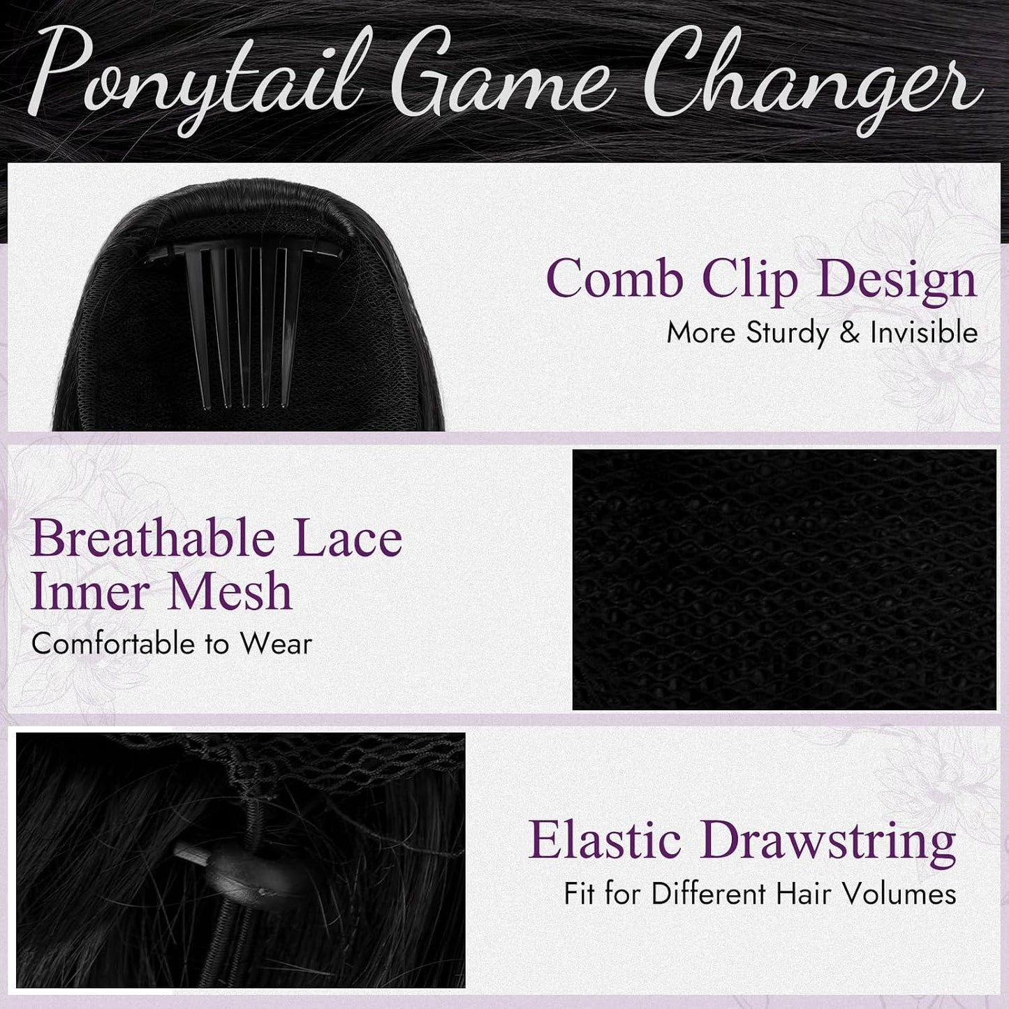 Black Wavy Drawstring Ponytail Extensions - 20 Inch Curly Clip-In Hairpiece for Women, Natural Look