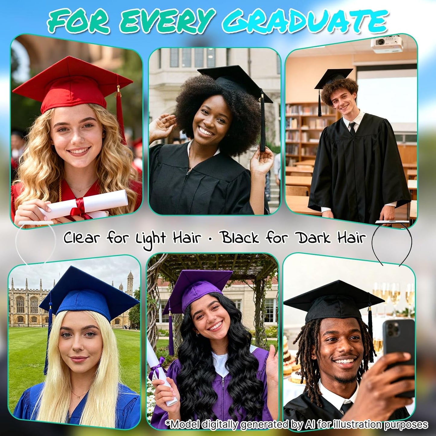 Graduation Cap Headband - Anti-Slip Insert for Secure Fit | Pack of 2, Clear