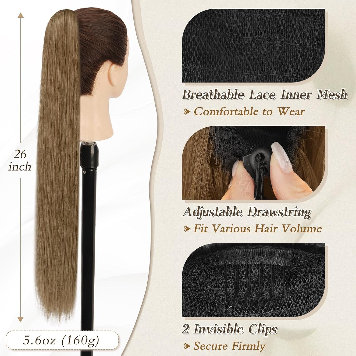 Long Straight Ponytail Extension - 26 Inch Brown Synthetic Clip-In Hairpiece for Women | Light Brown Mixed