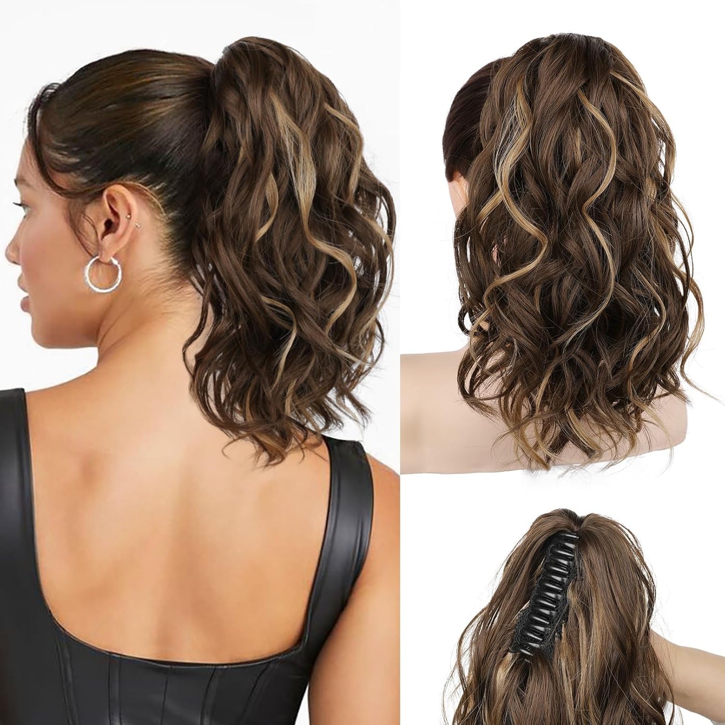 REECHO Ponytail Extension - 12" Claw Clip Short Hair Extension | Natural Synthetic Hairpiece in Chocolate Brown with Highlights