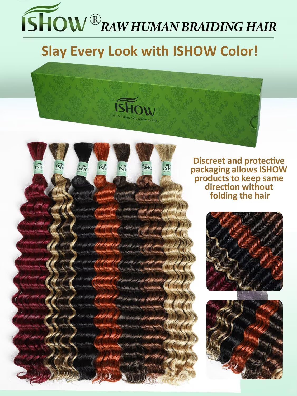 ISHOW Raw Human Braiding Hair 100% Unprocessed Virgin Human Hair 15A Deep Wave Boho Hair 100g 18 Inch (2 Packs) NO.1 Premium Quality Boho Hair Producer Long Lasting Ombre Honey Blonde Color P4/27