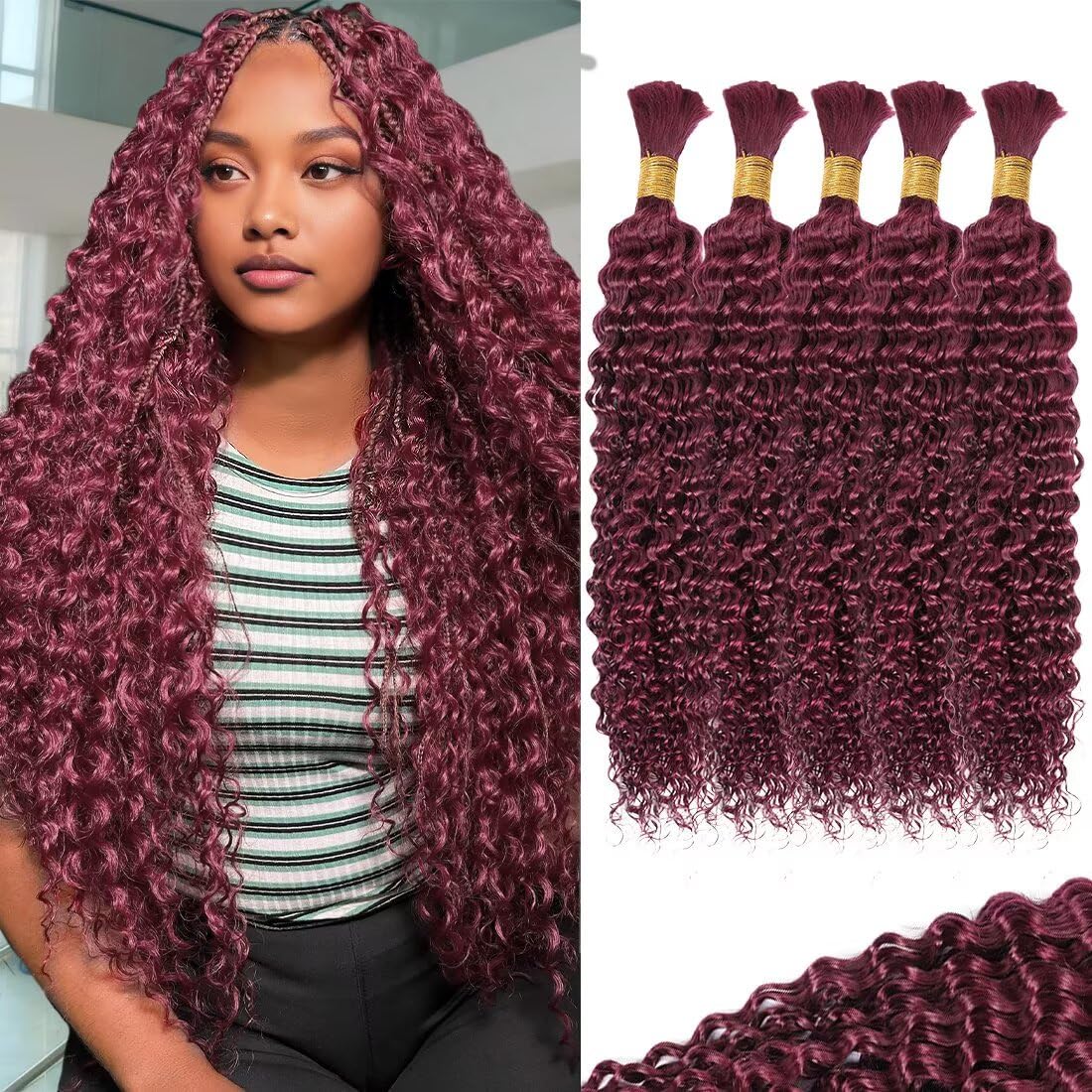 Human Braiding Hair - Deep Water Wave 16 Inch Curly Extensions | 5 Bundles P4/27 for Boho Braids