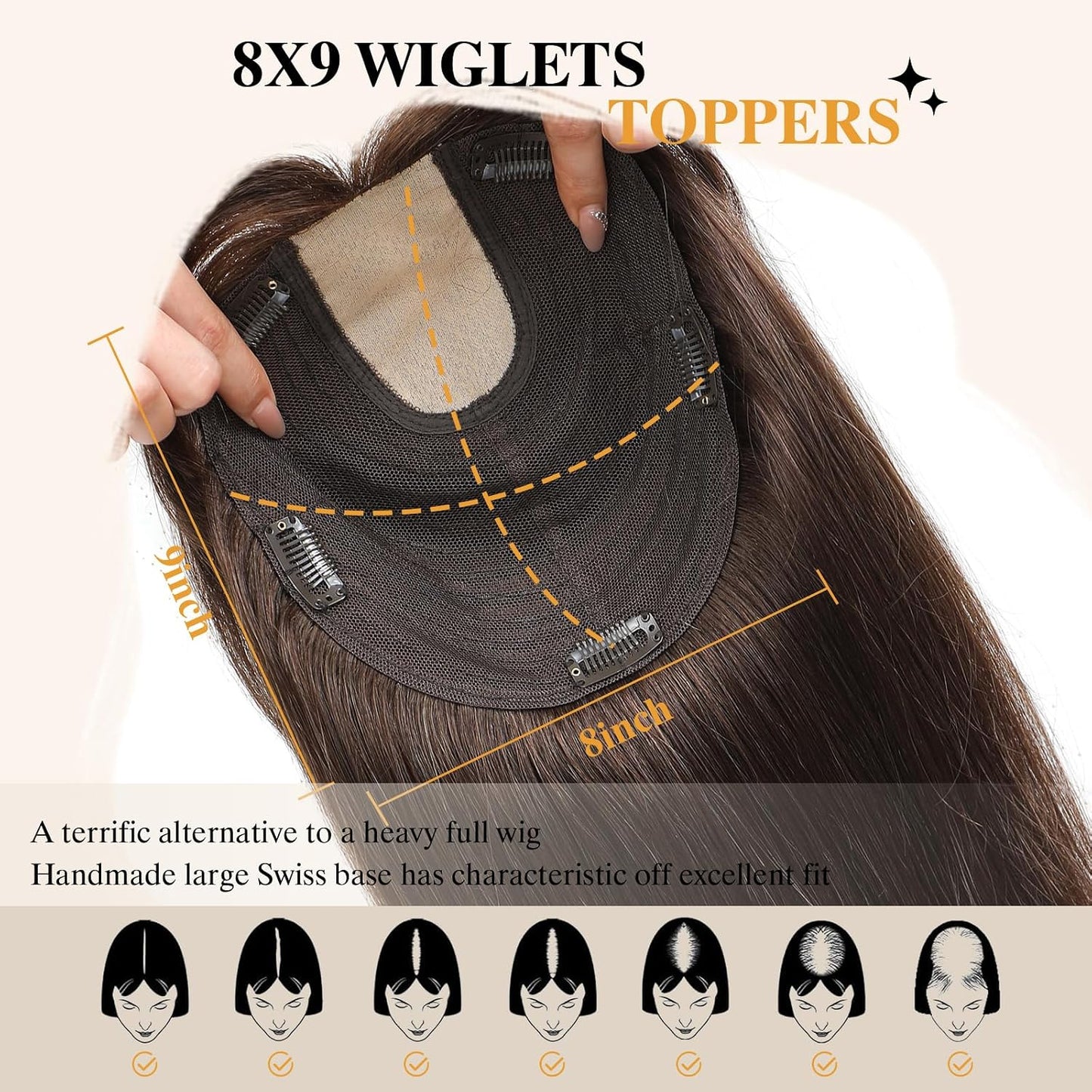 YAMI Hair Toppers for Women - Real Human Hair Topper with Bangs | Medium Brown, 15 Inch Hairpiece for Thinning Hair