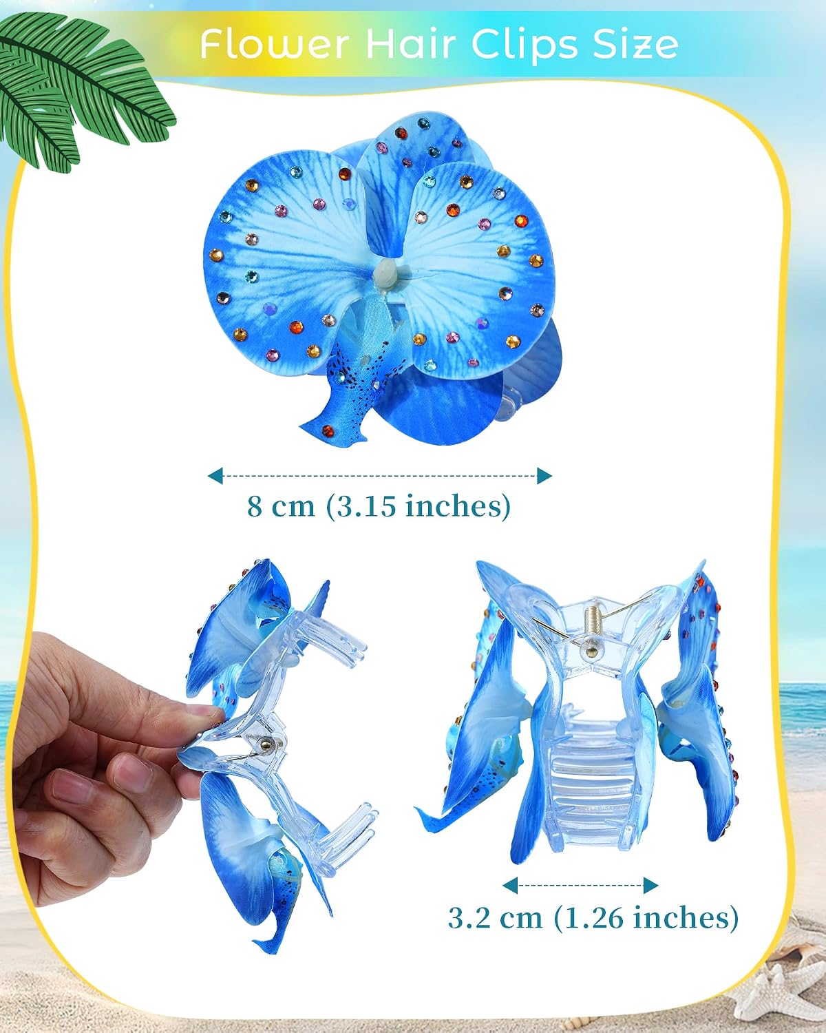 Hawaiian Flower Hair Claw Clips - 4 Pack Artificial Tropical Orchid | Wedding & Beach Party Accessories (Blue, Green, Pink, Yellow)