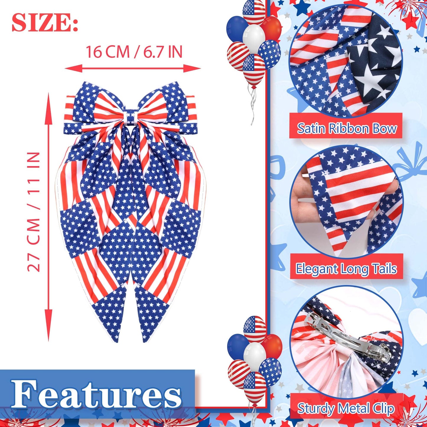 STGDAK 4th of July Hair Bow Clips for Women Red White Blue Bow Hair Accessories USA Flag Big Bows Patriotic Fourth of July Bowknot Accessories for Girls Women Independence Day Memorial Party Decor