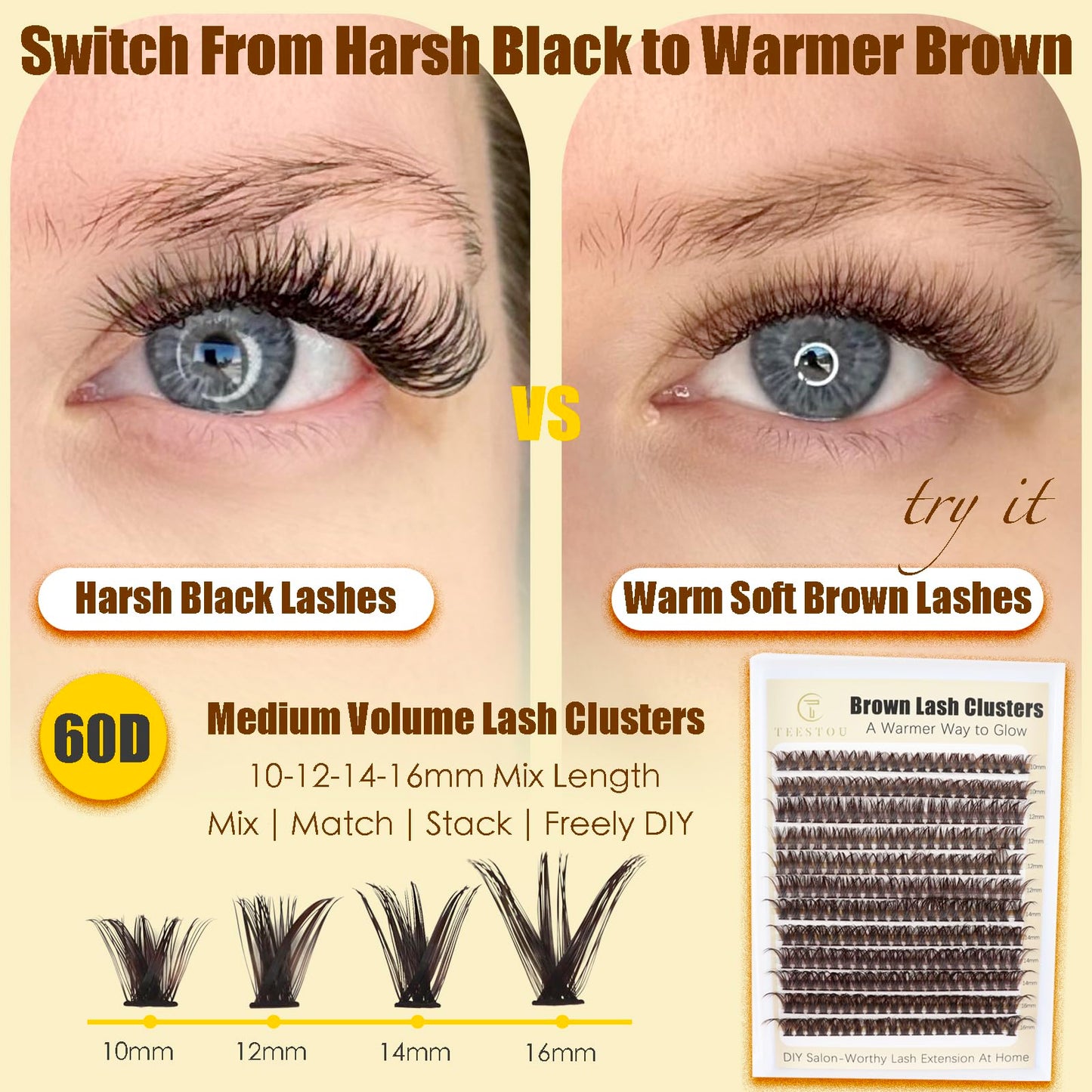 TEESTOU Dark Brown Lash Clusters 60D Medium Volume Brown Eyelash Clusters 10-16mm Wispy DIY Individual Lash Extensions D Curl for Everyday Wear 240pcs