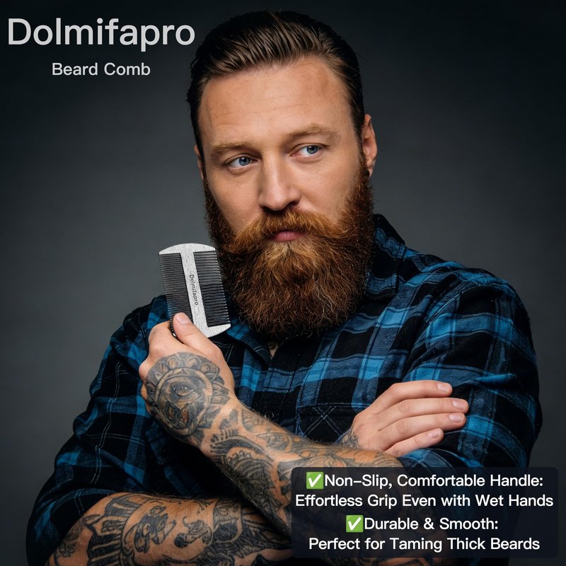 Dolmifapro 304 Stainless Steel Pocket Beard Comb for Men, Anti-Static Dual Fine Coarse Teeth Ultra-Thin Mustache Hair Grooming Comb with PU Leather Case (silvery)