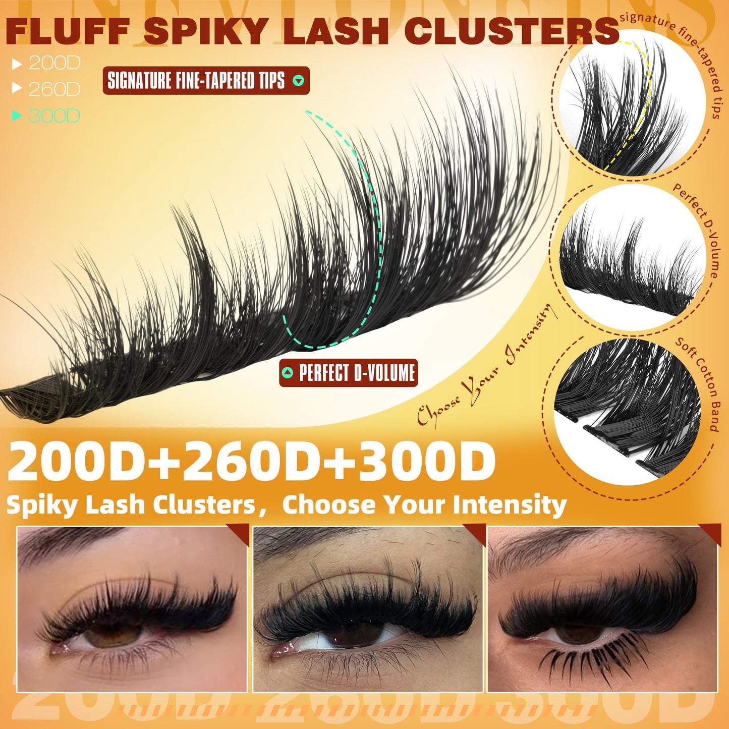 Fluffy Lash Clusters with Spikes 200D+260D+300D Cluster Eyelash Extensions Thick Eyelash Clusters Faux Mink Individual Lashes Full Volume Cluster Lashes 12-20MM Reusable Eyelashes by TNFVLONEINS