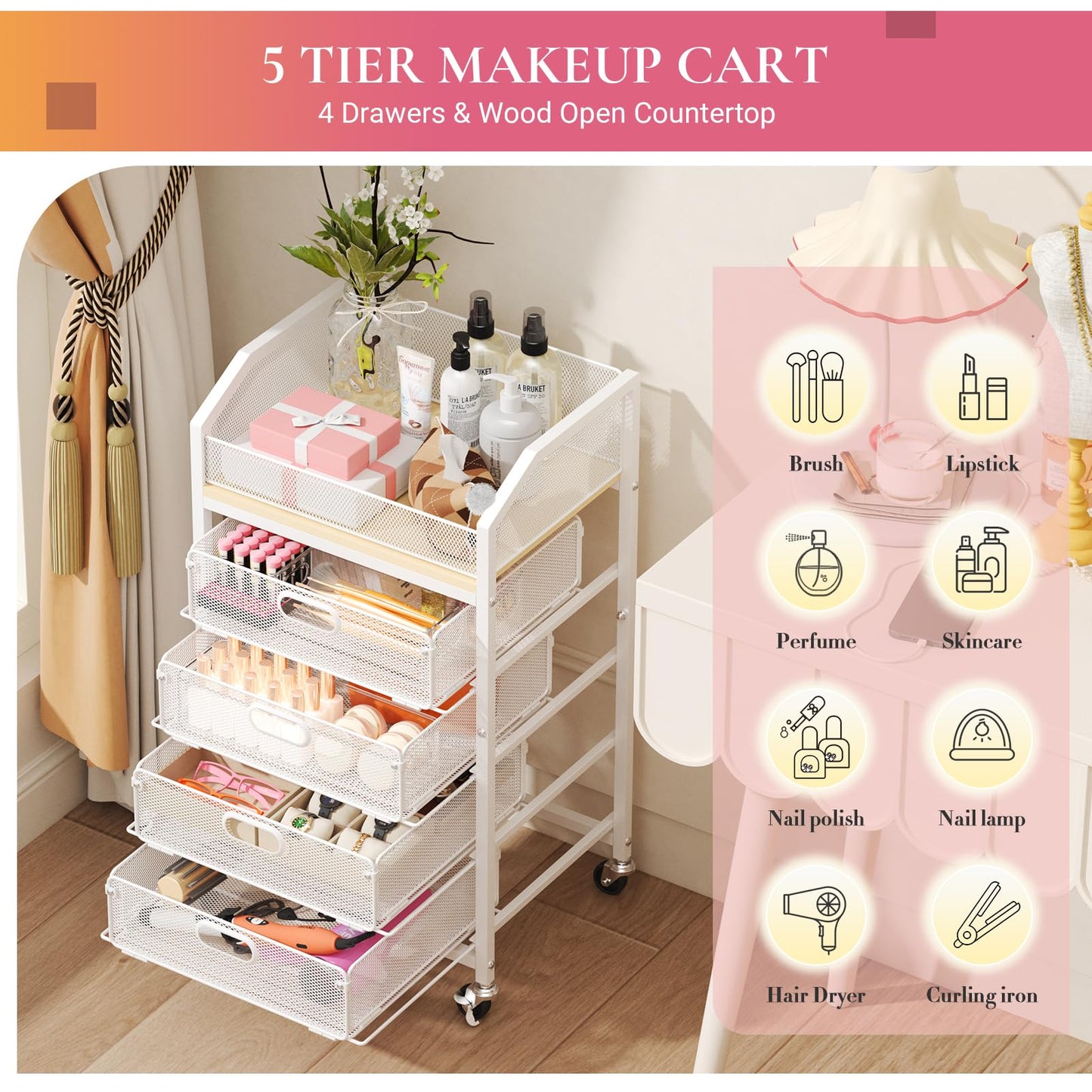 Goovilla Rolling Makeup Organizer Cart with Drawers, 5 Tier Metal Floor Skincare Vanity Organizers with Lockable Wheels, Make Up Storage Cart for Cosmetics Display, Nail Polish, Perfume, White