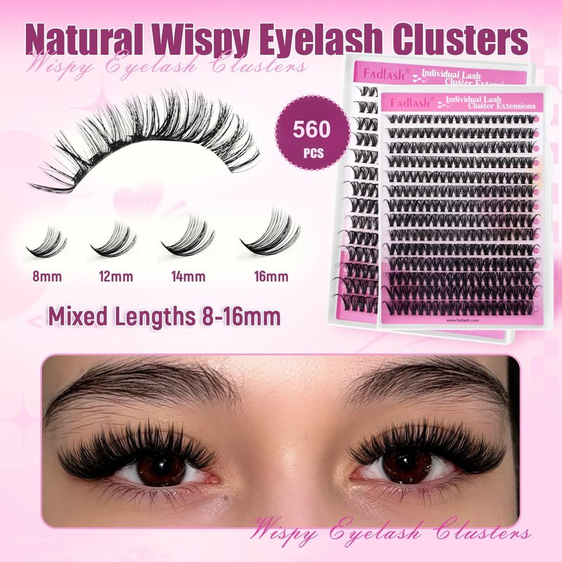 FADLASH Lash Clusters 560Pcs Natural Eyelash Clusters 40D Wispy Lash Extensions 8-16mm D Curl Cluster Eyelash Extensions DIY at Home, 2 Pack (40D 8-16mm, 2 Pack)