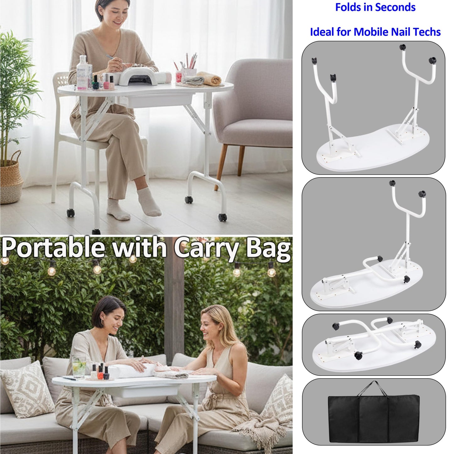 Mohzate Portable Manicure Nail Table Professional Rolling Nail Station with Drawer and Wrist Rest Foldable Nail Tech Desk with Wheels and Carry Bag for for Salon, Studio and Home Use