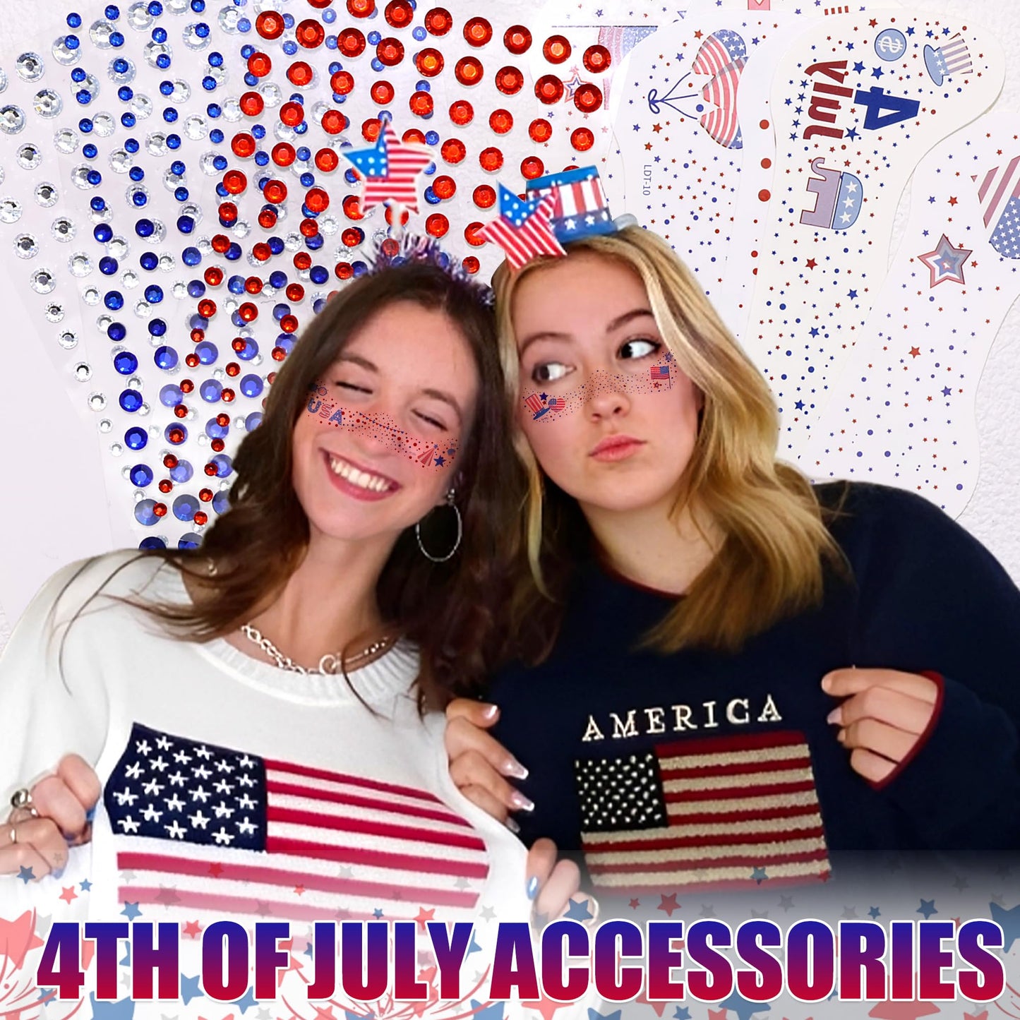 RODAKY Blue Red Face Gems 4th of July Temporary Tattoos Sticker Mixed Size Rhinestones Gems Sparkle Patches for Festival Make Up Women Girls