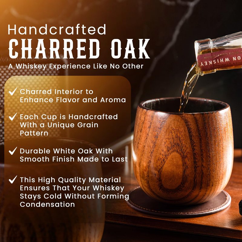 BRGHN Oak & Hide Charred Oak Whiskey Glasses Wooden Set of 2 with 2 Premium Leather Coasters – Perfect Birthday, Anniversary, Bachelor, or Father’s Day Gift for Men