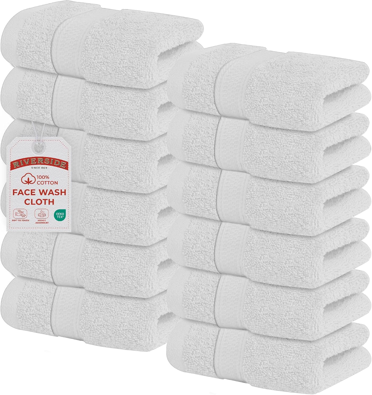 Riverside 12-Pack 100% Cotton Hunter Green Face Towels - Super Soft, Absorbent Washcloths for Bathroom, Spa & Gym | 12x12 Inches