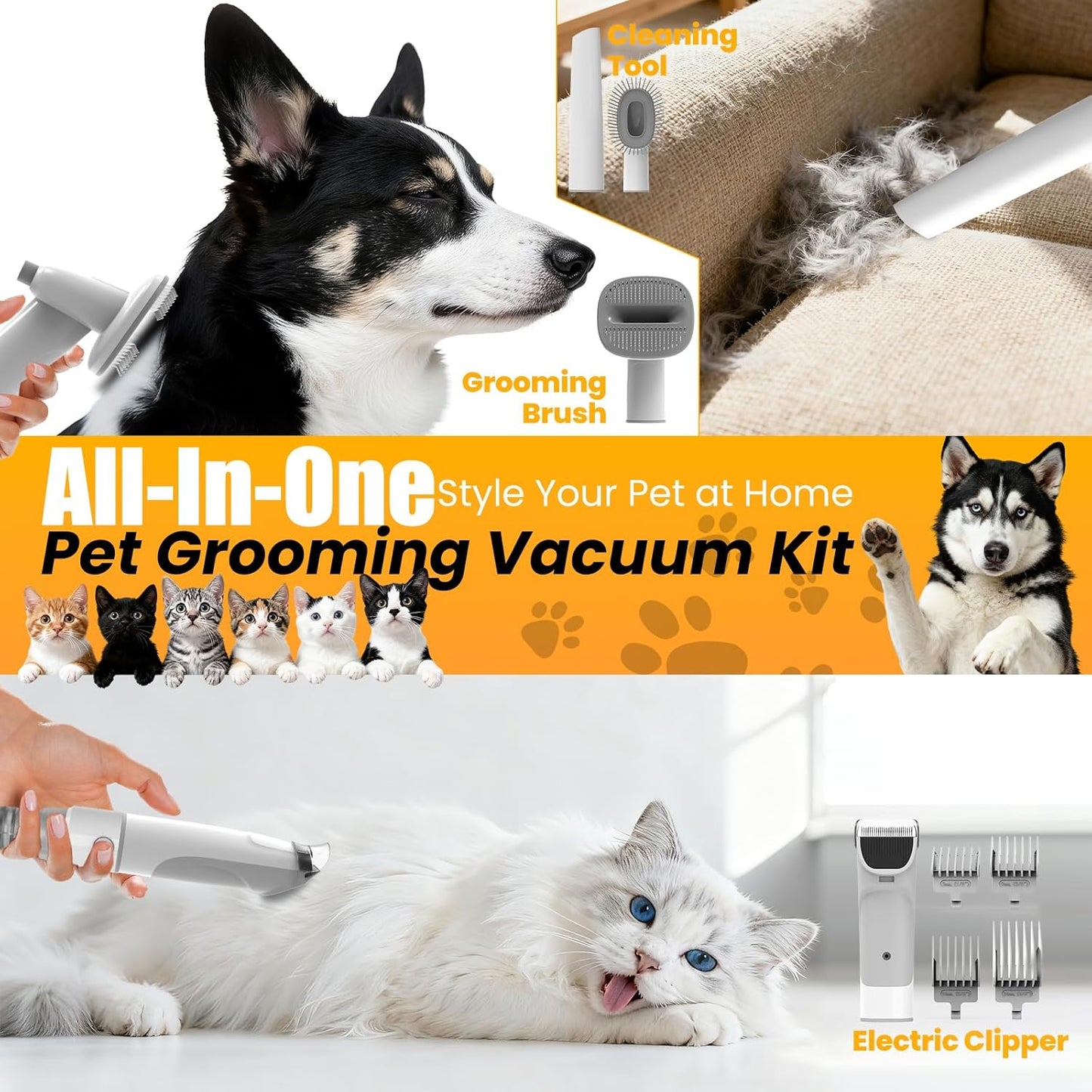 Dog Grooming Vacuum - All-in-One Pet Grooming Kit with Clipper & Low Noise Shedding Brush | PG01