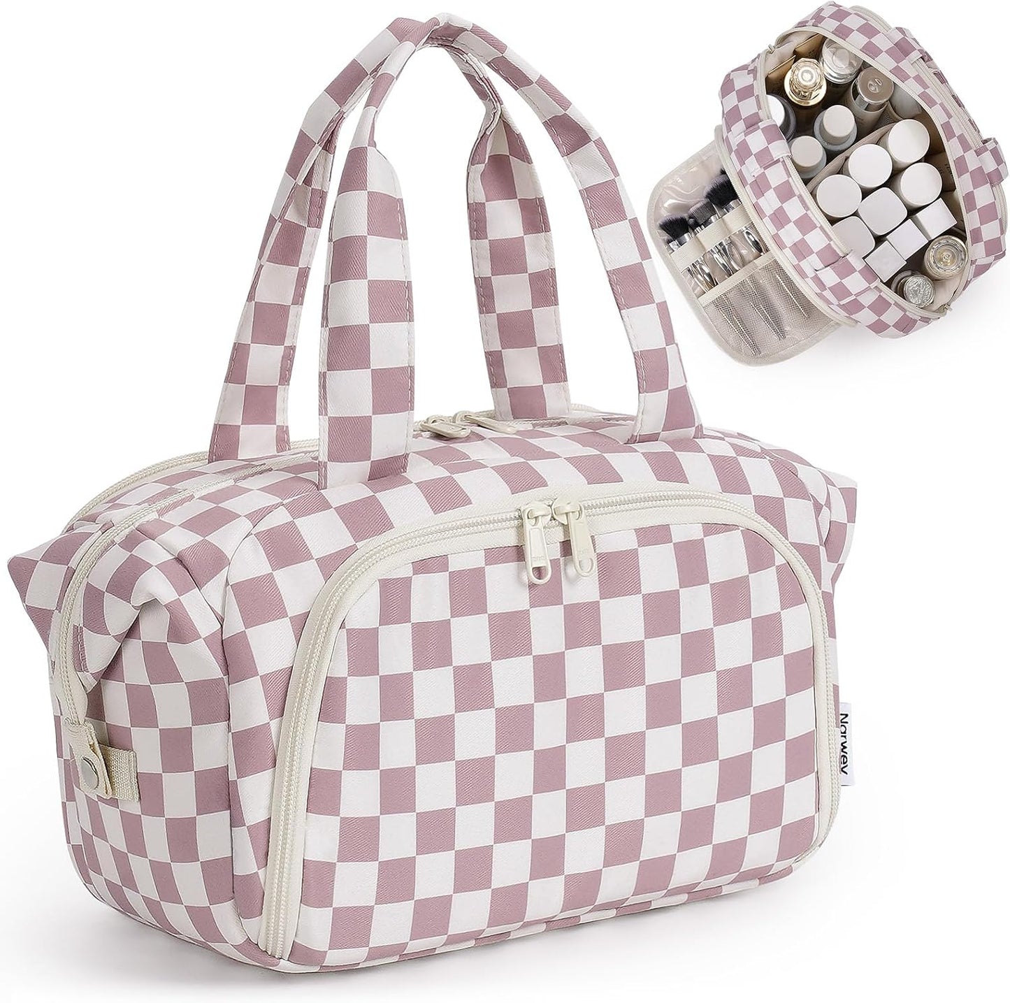 Travel Toiletry Bag for Women - Large Makeup Organizer with Handle | Wide Open Design, Wet Pocket - Dusty Pink Checker