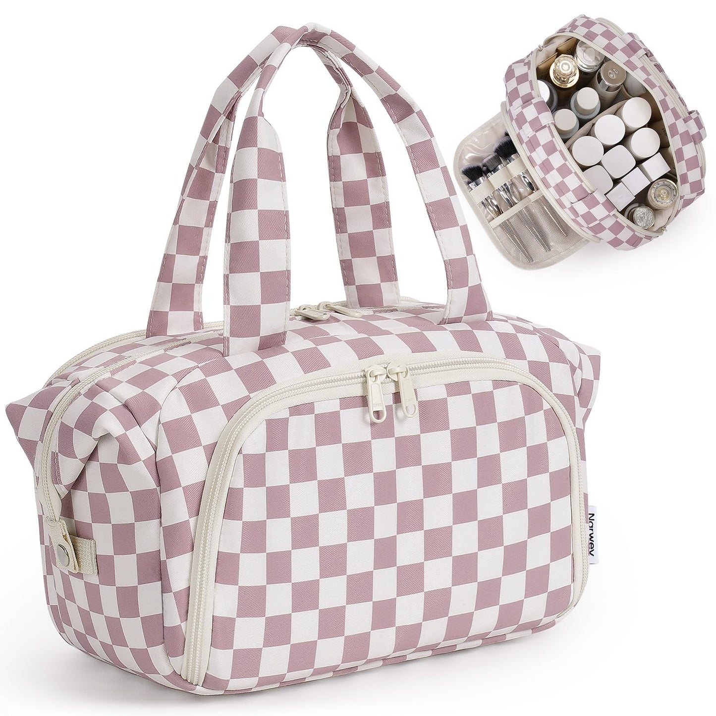 Narwey Travel Toiletry Bag for Women, Large Makeup Bag, Wide Open Cosmetic Make Up Organizer with Handle, Wet Pocket for Towel, Travel Bag for Toiletries, Brushes, Essentials (Dusty Pink Checker)