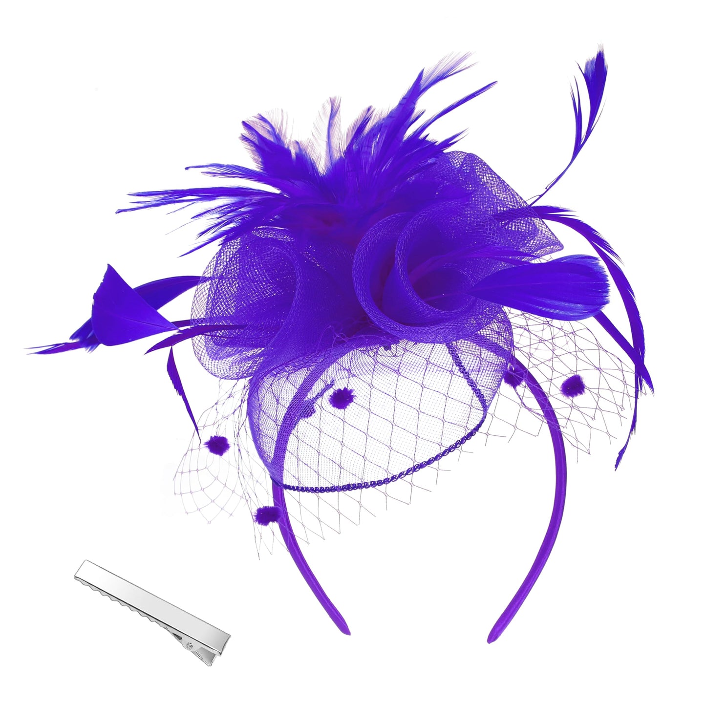 Women Fascinators Hat with Feathers Pearls for Tea Party Weddings Derby Headwear(Purple)