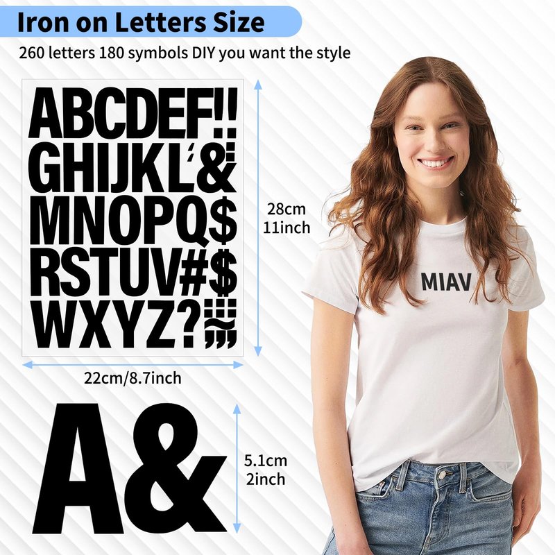 10 Sheets 440 Pieces Iron on Letters for Clothing, 2 Inch Heat Transfer Letters, Black Iron on Vinyl Letters with A-Z PU Alphabets Sticker for Fabric, Jersey T-Shirt Printing DIY Craft