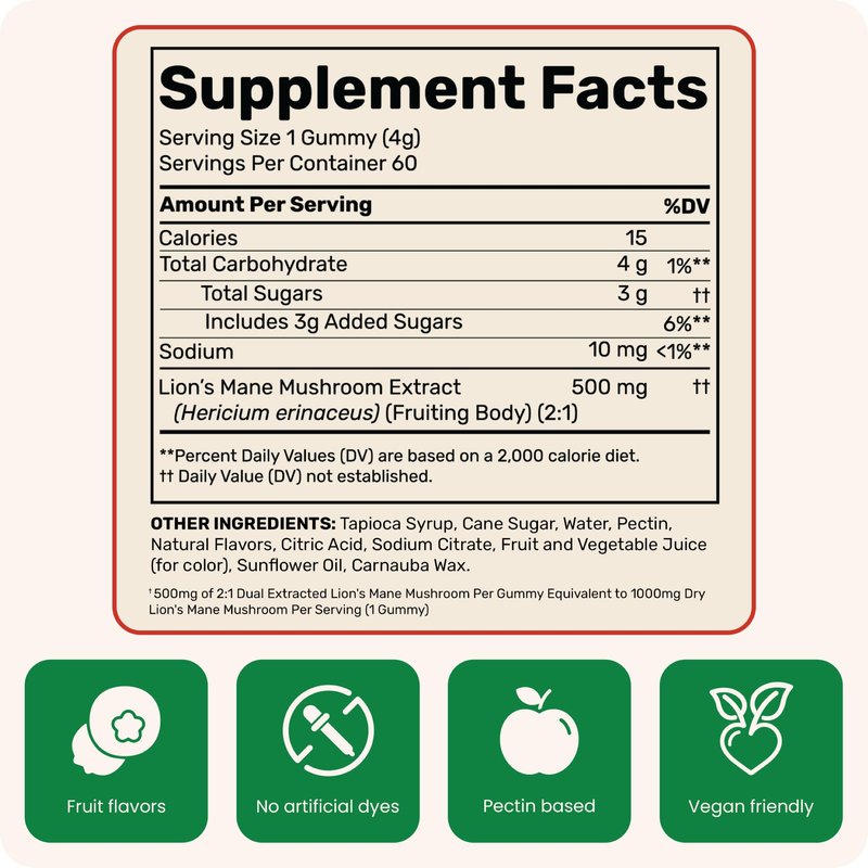 Fungies Lion's Mane Mushroom Gummies, Mixed Blueberry & Strawberry Flavor - Mushroom Supplement Gummy for Adults & Children Supports Brain Health, Cognitive Function, Focus, Memory & Mood, 60 Servings