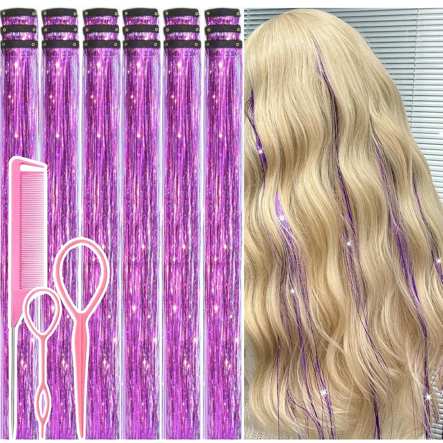 Hair Tinsel Kit - 12 Pcs Colorful Glitter Clip-In Extensions | 24 Inch for Girls, Women & Kids