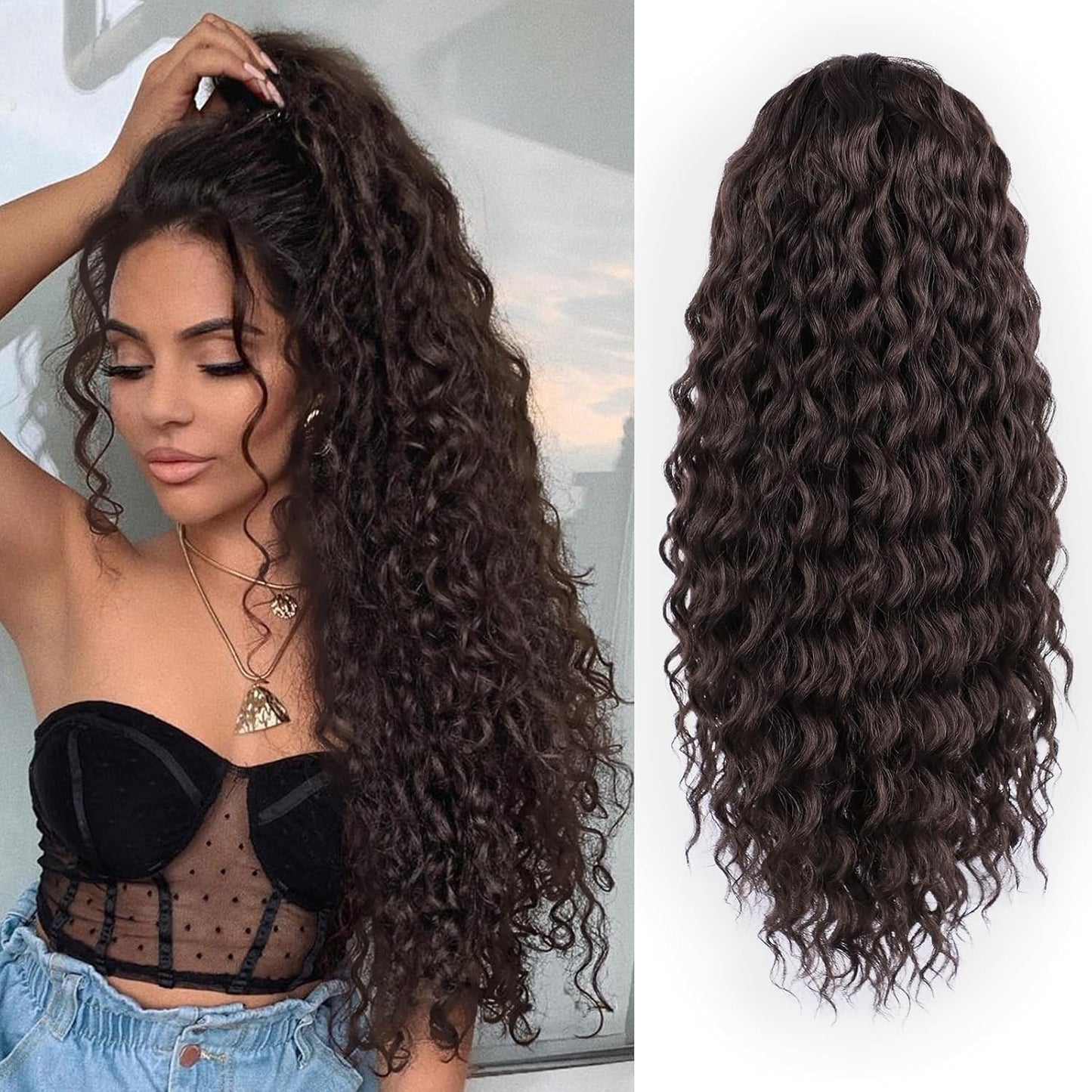 Curly Ponytail Extension - 20 Inch Drawstring Hairpiece for Black Women | Synthetic Long Wavy Style