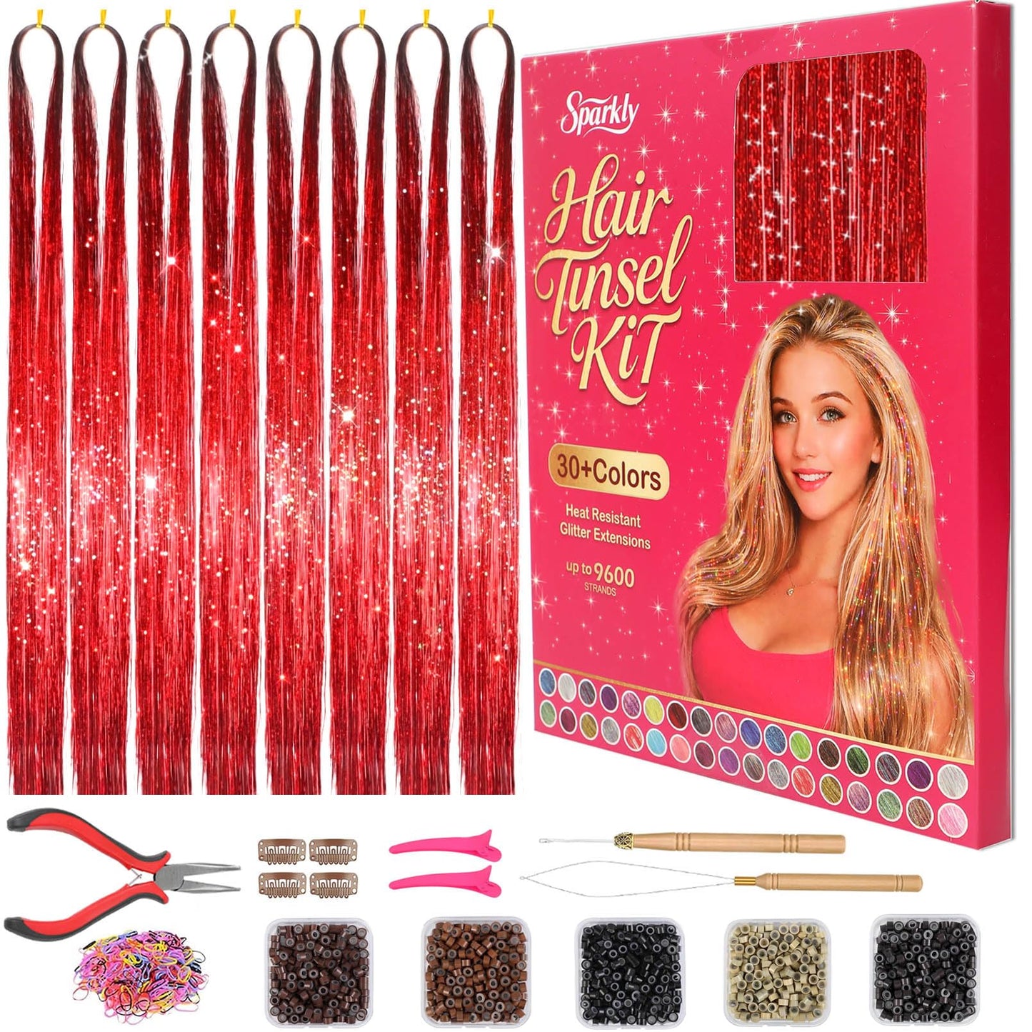 Hair Tinsel Kit with Tools, 3200+ Strands Red Holographic Fairy Hair, 48" Heat Resistant Glitter Hair Extensions, Easy DIY Kit for Girls, Christmas Party & Festival Gift