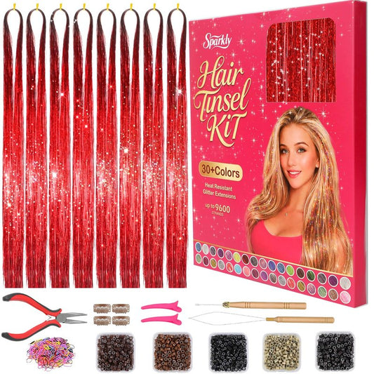 Hair Tinsel Kit with Tools, 3200+ Strands Red Holographic Fairy Hair, 48" Heat Resistant Glitter Hair Extensions, Easy DIY Kit for Girls, Christmas Party & Festival Gift