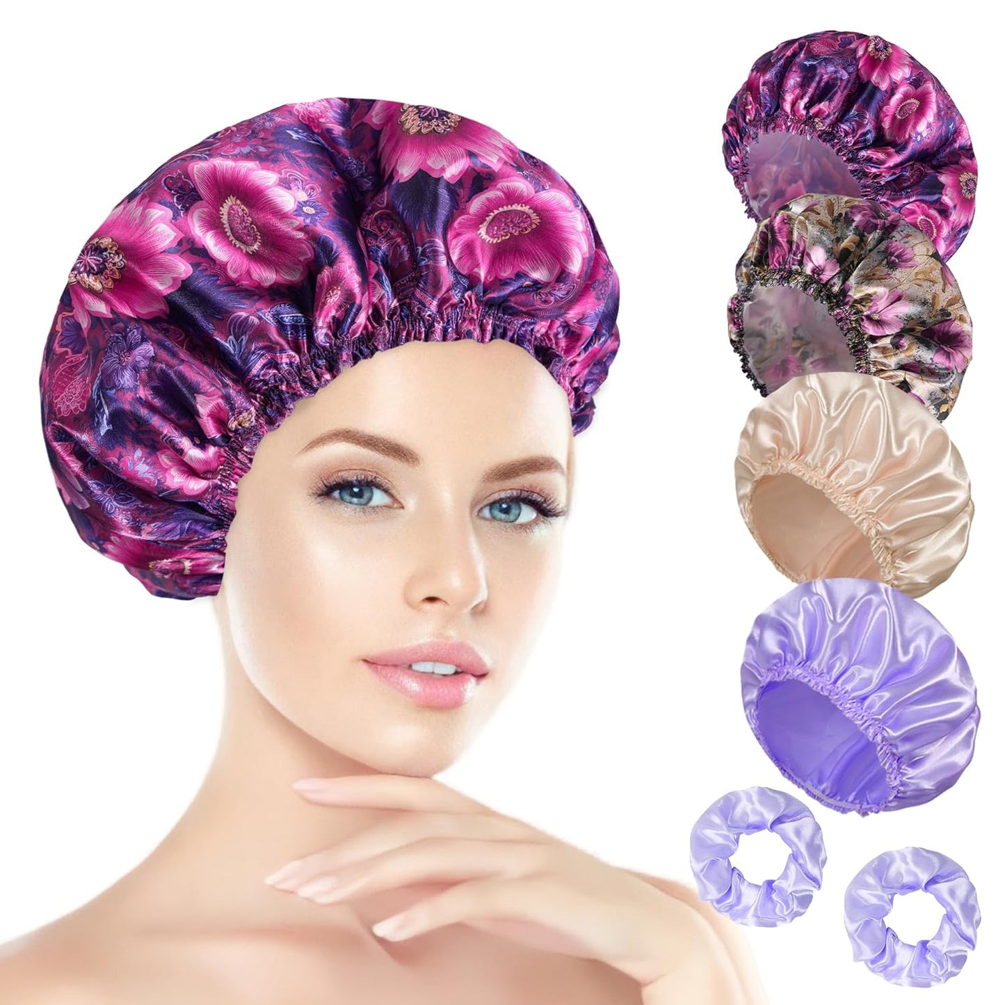 Shower Cap Set of 4 - Reusable Waterproof Double Layer Hair Caps + 2 Satin Scrunchies | Pattern A