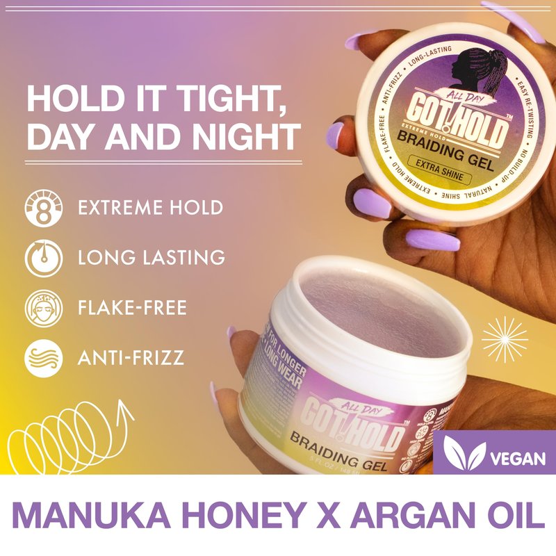 ALL DAY GOT HOLD Braiding Gel for Braids, Twists & Protective Styles (Extra Shine) – Strong Hold with Manuka Honey & Argan Oil – Non-Flaking Styling Gel for Natural Hair – 10 Fl Oz