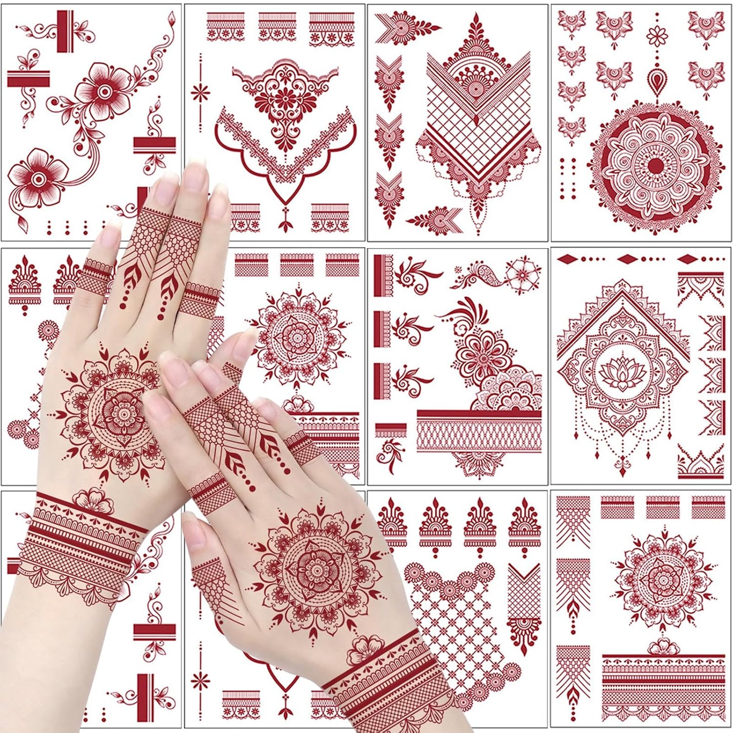Henna Tattoos - 8 Waterproof Temporary Stickers for Women | Sexy Peacock & Lotus Designs for Parties, Halloween, Body Art