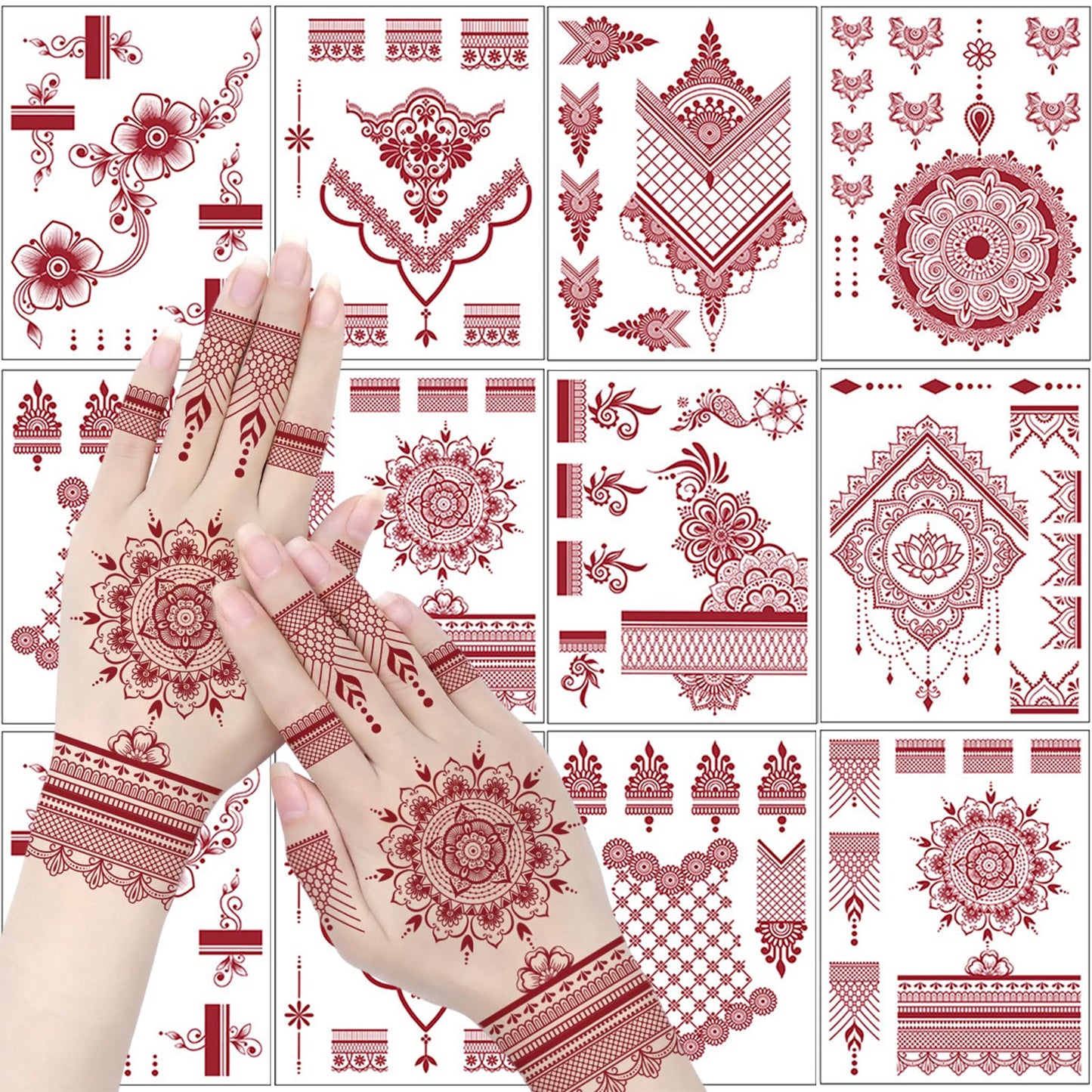 8 Sheets Henna Tattoos Temporary Stickers Waterproof Sexy Women Body Red Brown Party Masquerade Halloween Peacock Lotus DIY Face Arms Legs Art Decoration