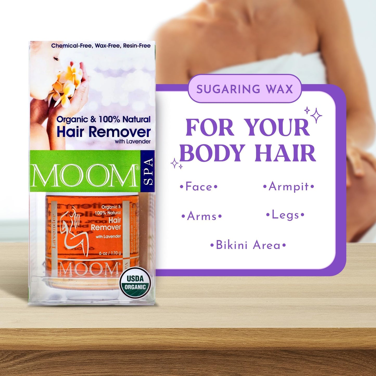 MOOM USDA Organic Sugar Waxing Kit for Women & Men with Lavender Essential Oil, 6 oz Sugar Wax, 18 Reusable Wax Strips & 4 Wax Applicator Sticks - Face, Body & Bikini Soft Wax Kit for Sensitive Skin