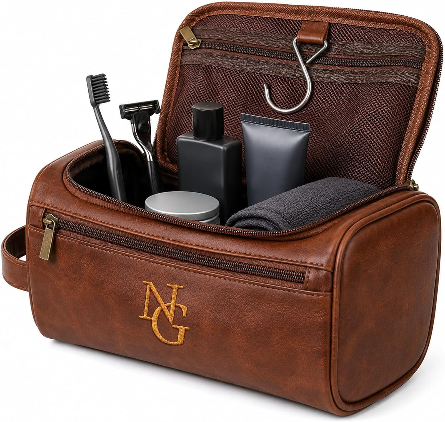 Personalized Toiletry Bag for Dad - Custom Embroidered PU Leather Dopp Kit | Waterproof Travel Organizer (Coffee)