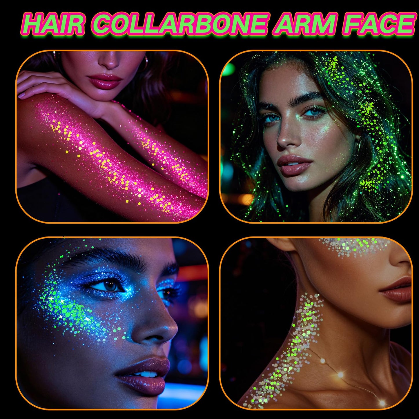 Paminify 4 PCS Glow Face Body Glitter Gel,Rave Accessories Outfits for Women,Glow in the Dark Neon Hair Glitter for Kids,Halloween Carnival Festival Essentials UV Black Light