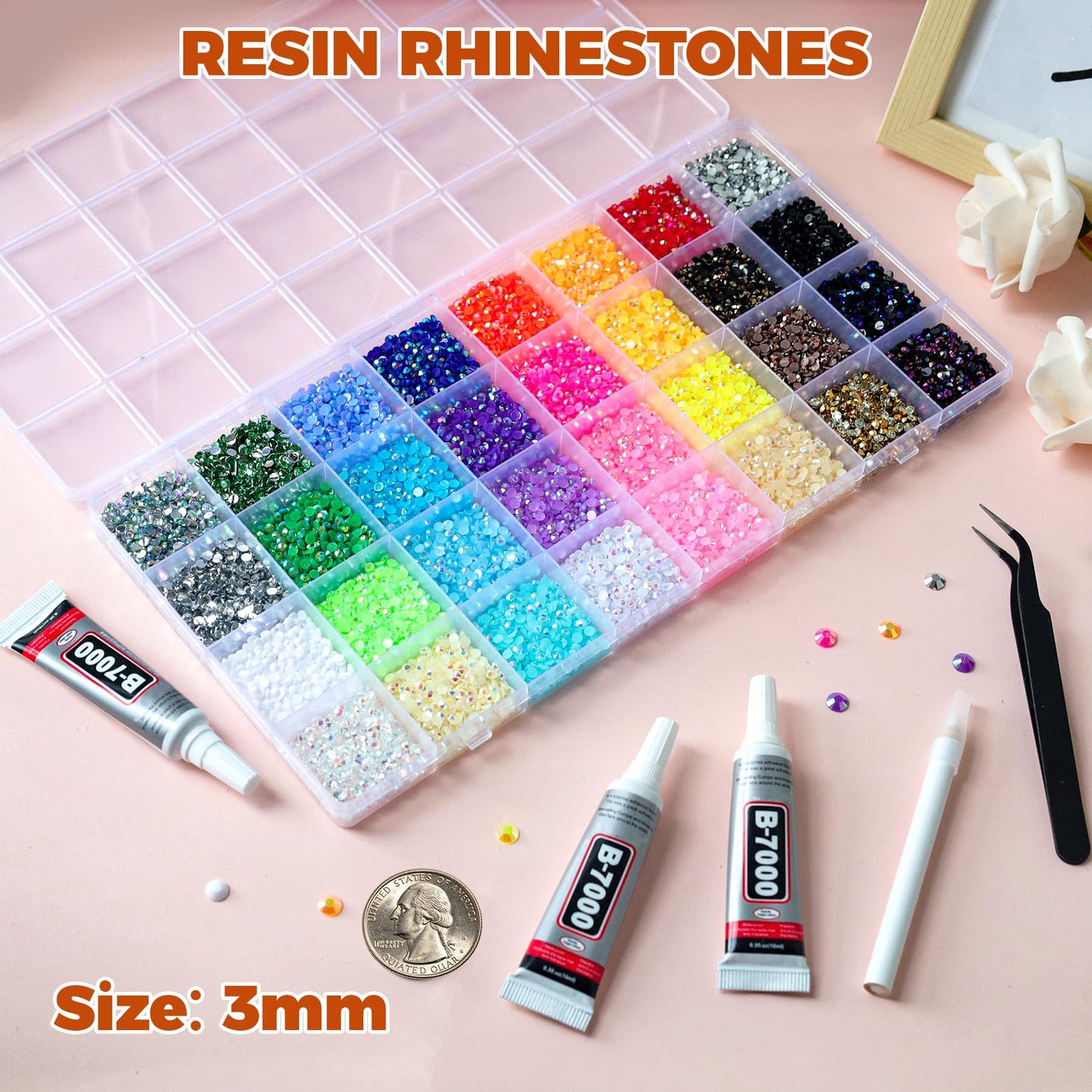 45000Pcs 32 Colors Jelly Rhinestones for Bedazzling, 3mm Resin Flatback Gems for Diamond Art, Bedazzler Kit with 3Pcs B7000 Jewelry Glue for Crafting Bedazzled Book Shoes Nail