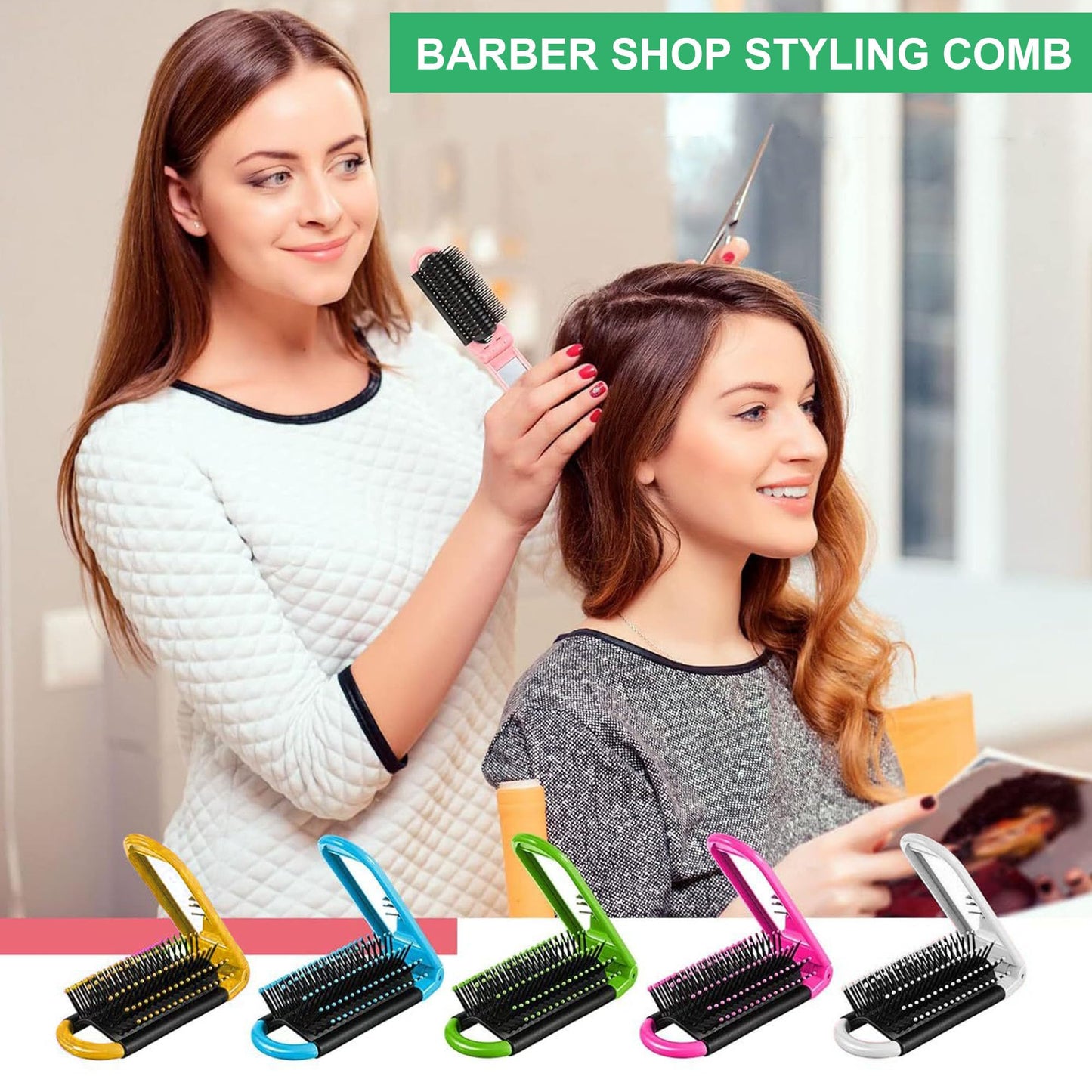 Folding Hair Brush with Mirror for Women and Girls, Mini Pocket Comb with Soft Nylon Bristles, Compact Travel Tool for Purse, Small Portable Hair Styling Accessory On the Go Styling Green