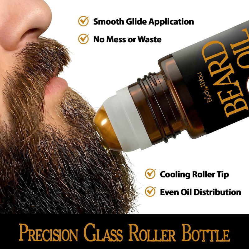Organic Beard Oil for Men Roll On Beard Growth Oil Mens Conditioner - 9 Premium 100% Pure USDA Oils Jojoba Castor Argan - Mustache Natural Scent Vegan Shave Balm - Tiger Eye Stone Roller Bottle 1.7oz