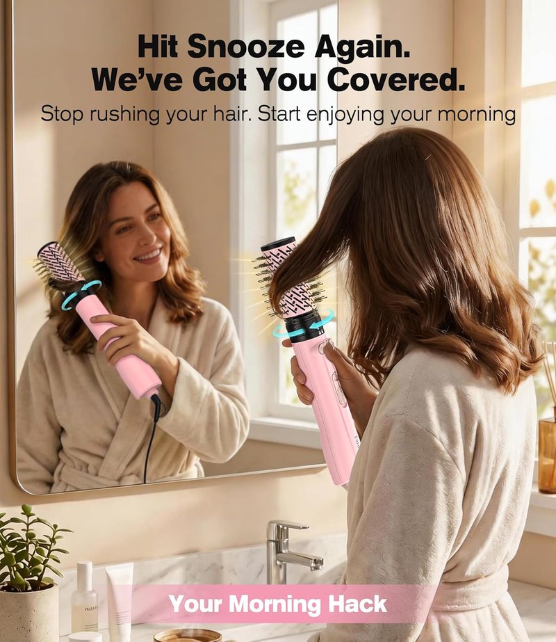 Farery Rotating Hot Air Brush Set - 1000W 4-in-1 Blow Dryer Brush for Volume, Smooth & Curl | Ideal for Fine to Medium-Thick Hair, Pink