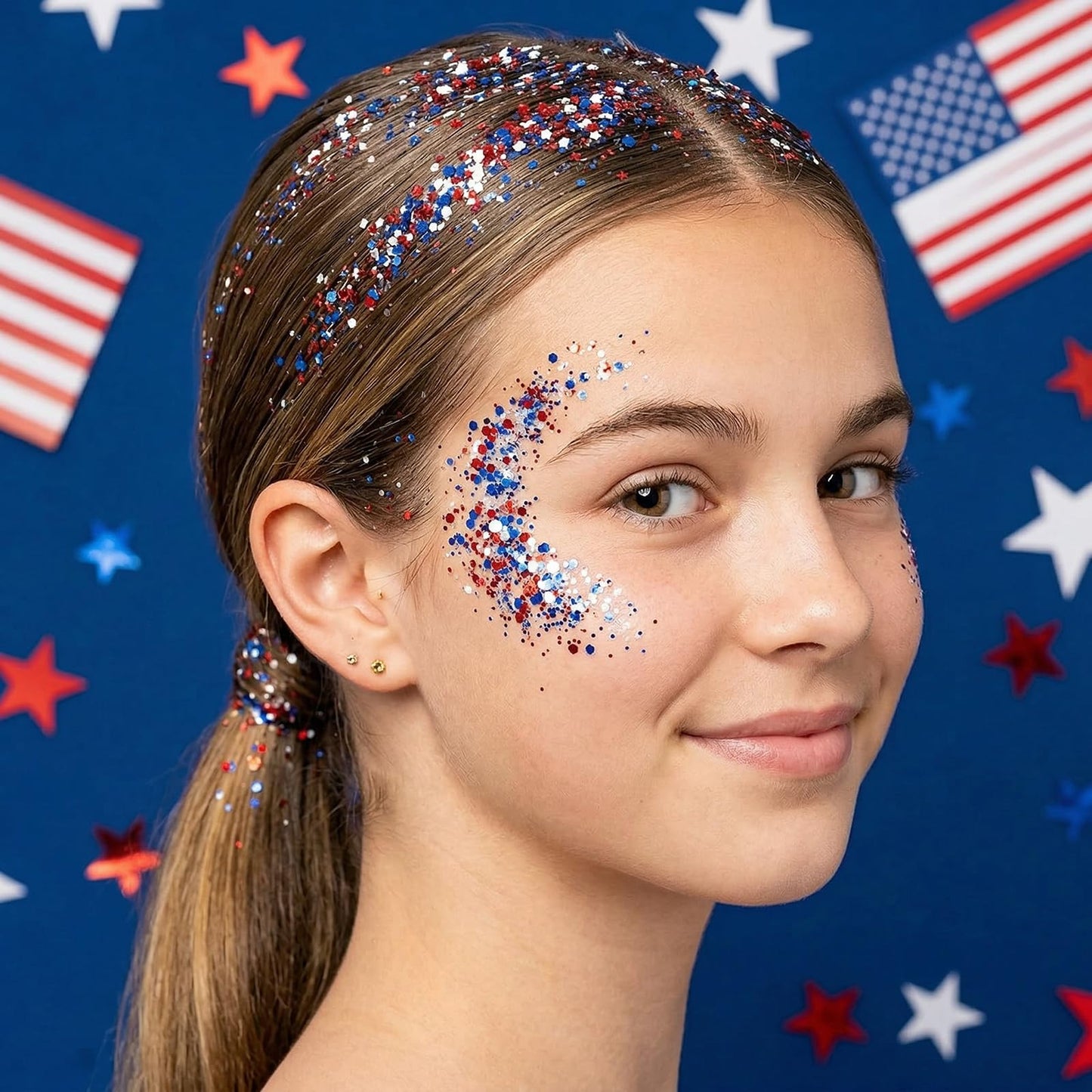 Patriotic Body Glitter Stick,4th of July Outfits and 250th Anniversary Accessories,Sparkling Face Hair Glitter Makeup for Women,Fourth of July Red White Blue Waterproof Hair Glitter,Face Paint Gel Kit