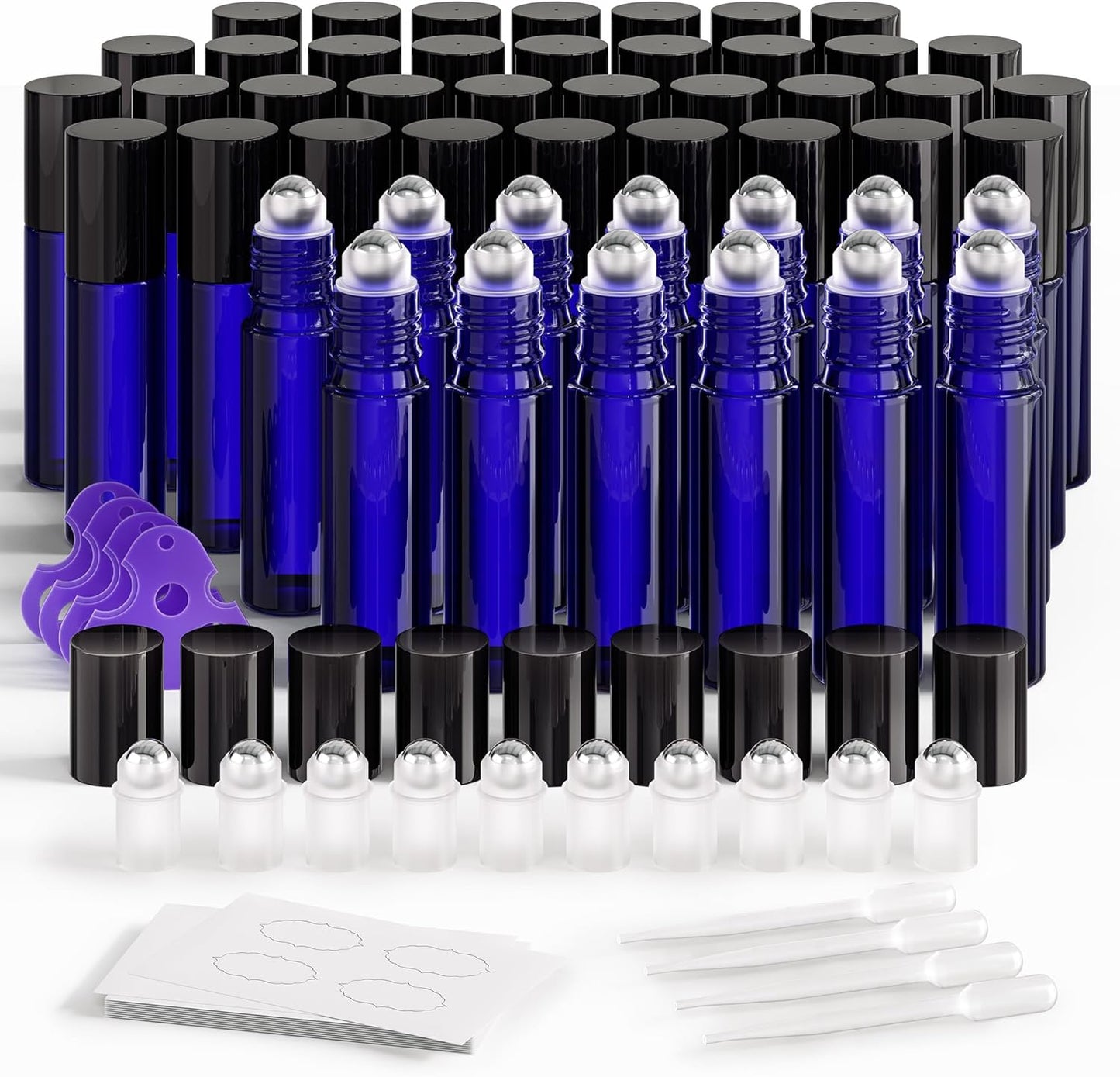 Essential Oil Roller Bottles - 48-Pack 10ml Amber Glass with Stainless Steel Roller Balls | Waterproof Labels