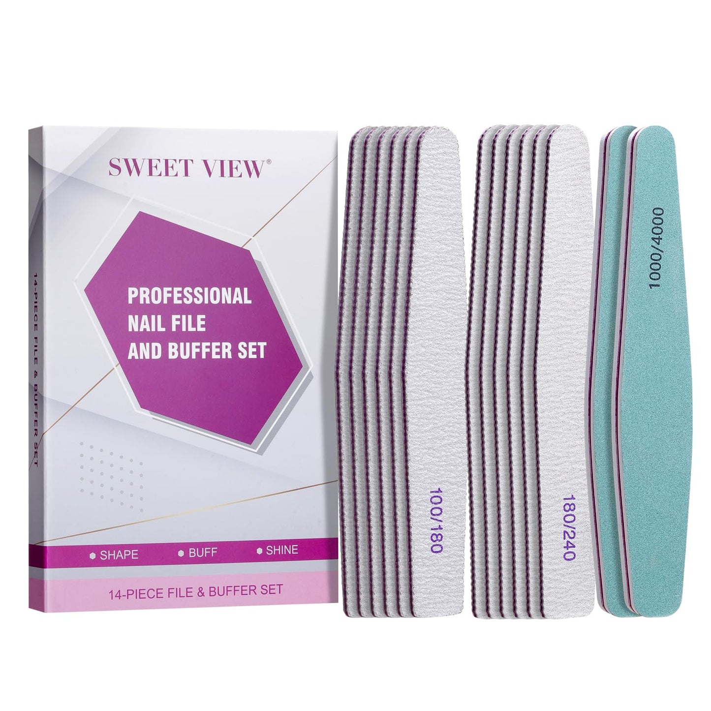 SWEET VIEW 14PCS Nail Files and Buffers Set – Emery Boards for Nails Including 100/180, 180/240 Nail File and 1000/4000 Buffer Block for High Shine, Nail Care for Acrylic, Gel & Natural Nails