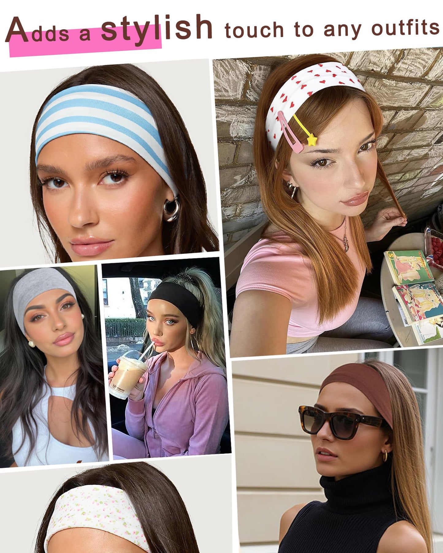 10 Pack Cute Headbands for Women Non Slip Thin Hair Bands Workout Head Bands Girls Fashion Cotton Floral Striped Fabric Stretchy Sport Headband Yoga Running Spa Makeup Everyday Wear Hair Accessories